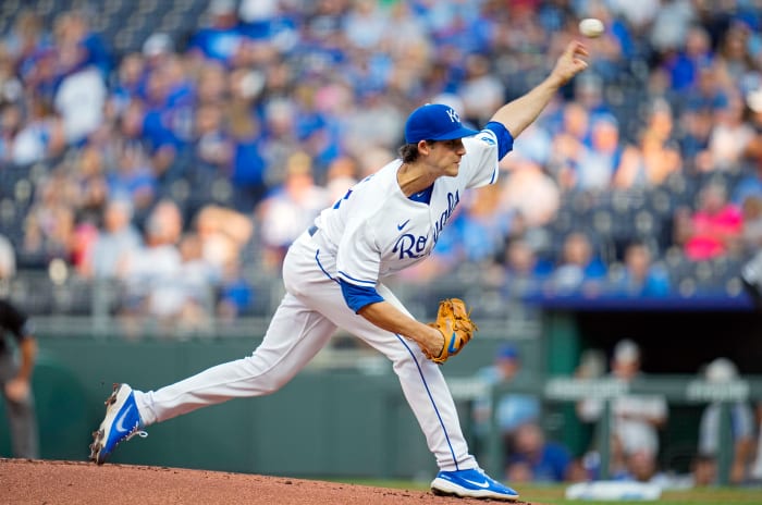 Sep 4, 2021; Kansas City, Missouri, USA; Kansas City Royals starting pitcher Daniel Lynch (52) pitches against the Chicago White Sox during the first inning at Kauffman Stadium. Mandatory Credit: Jay Biggerstaff-USA TODAY Sports